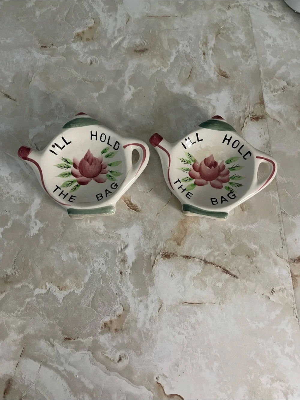 Pair of Floral 'I'll Hold The Bag' Teapot Spoon or Teabag Rests